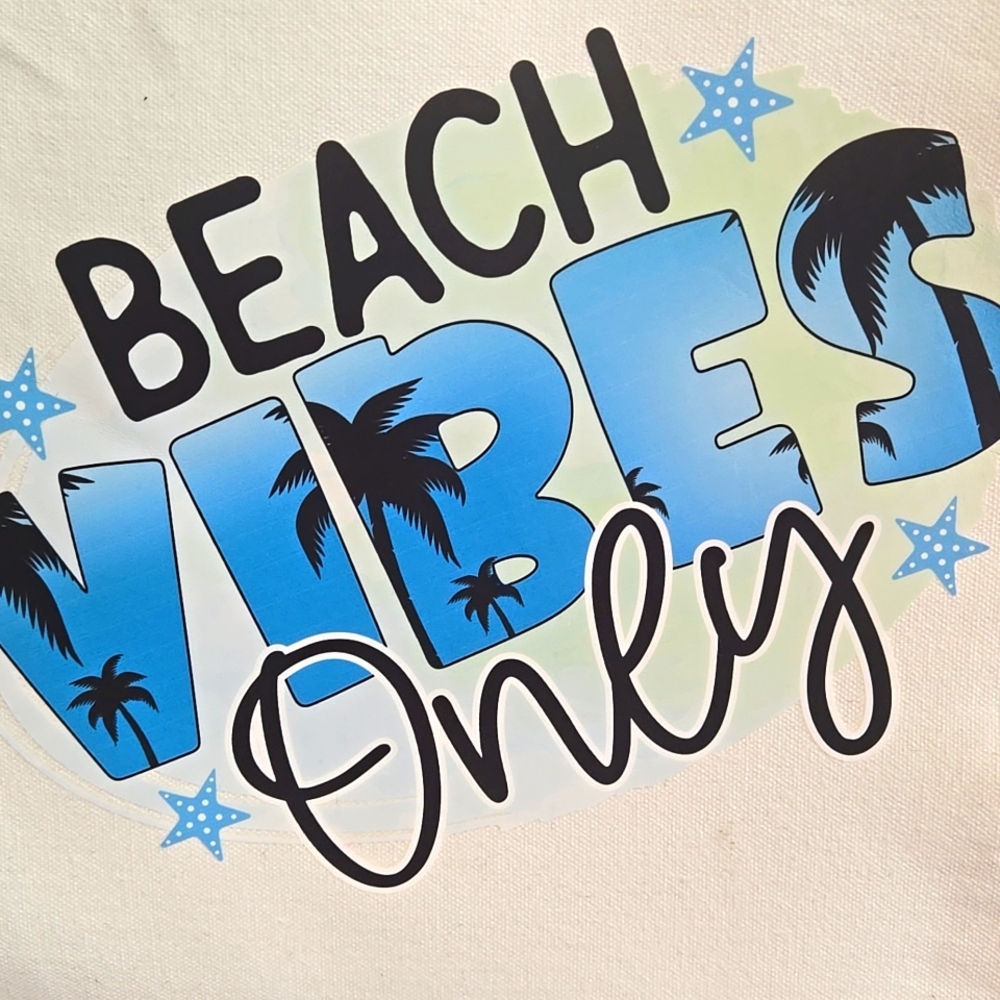 Beach Vibes Only White Tote Bag Blue Black Stars Palm Trees Summer Travel
